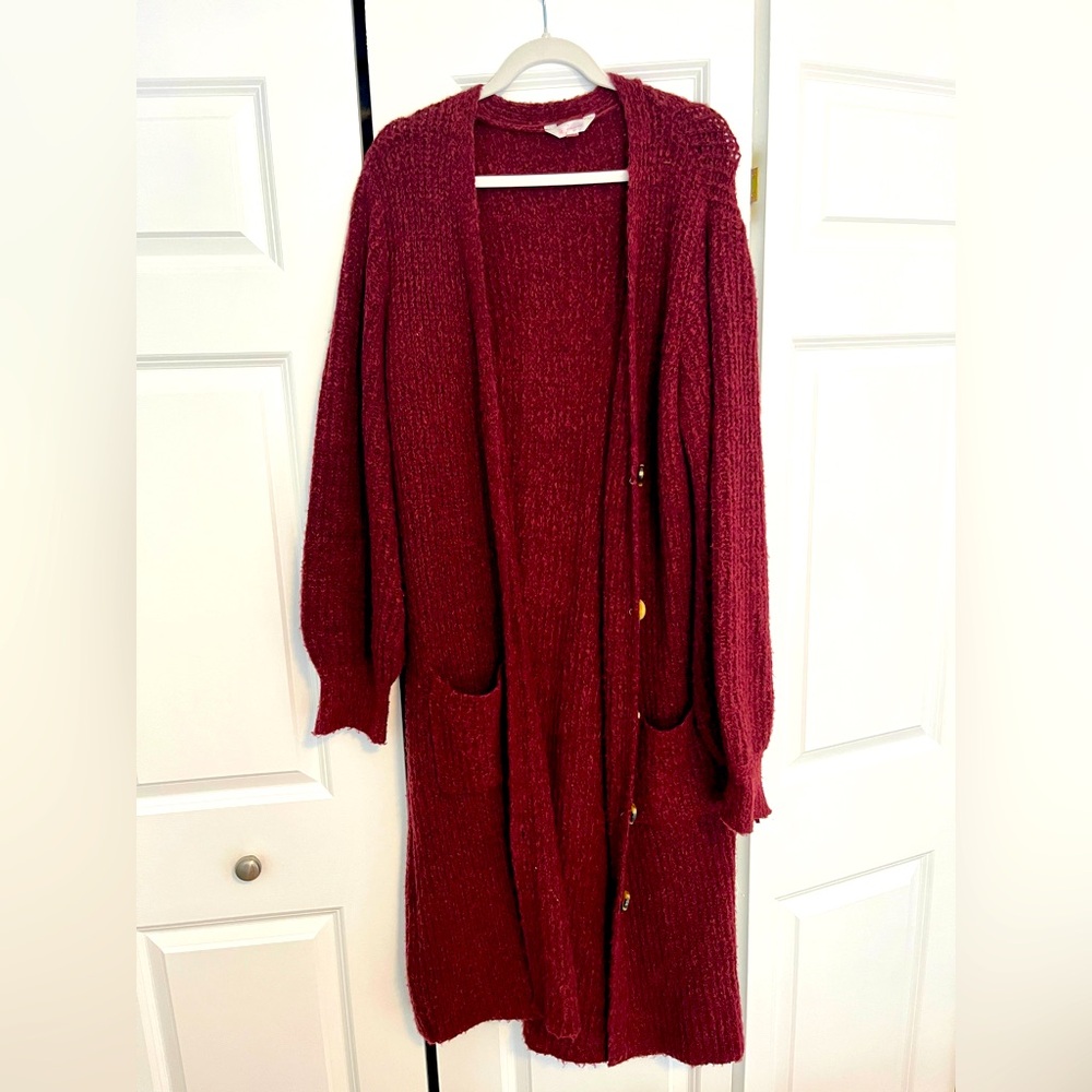 No Boundaries | Extra Long Button-Down Knit Cardigan | Maroon | Size XL